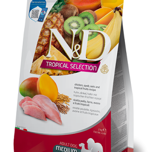 שק מזון יבש לכלבים בוגרים עם עוף טרי, דגנים טבעיים ופירות טרופיים לתמיכה בעיכול ובחיזוק מערכת החיסון.
