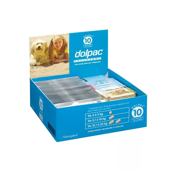 טבליות דולפאק של DOLPAC להשמדה של תולעים בכלבים, זמינות בשני גדלים לפי משקל הכלב – 10 מ״ג ו‑25 מ״ג.