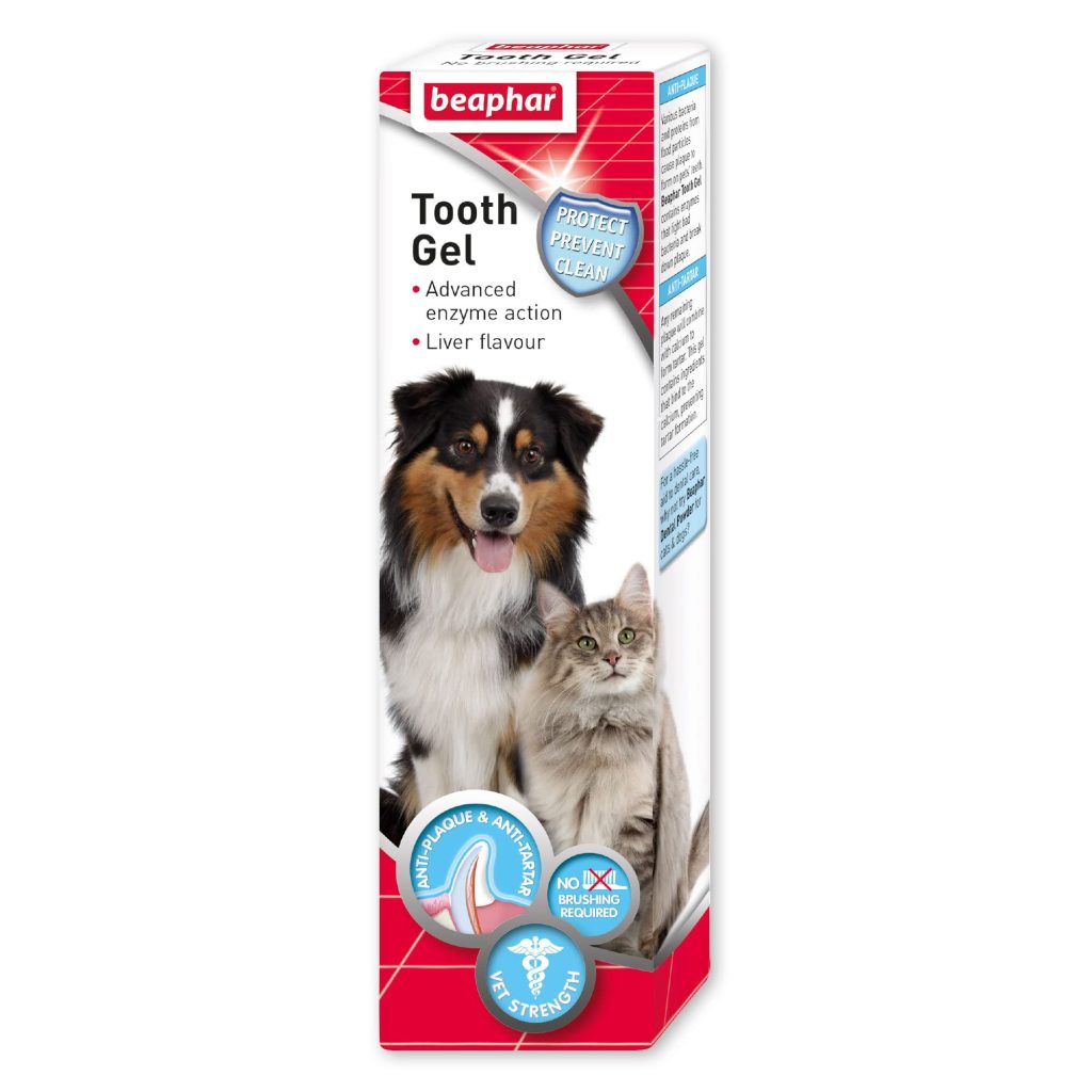 צנורית 100 גרם של Beaphar Tooth Gel, ג’ל שיניים בטעם כבד עם פיה ארוכה, מיועד להנחה ישירה על שיני כלב וחתול ללא מברשת.