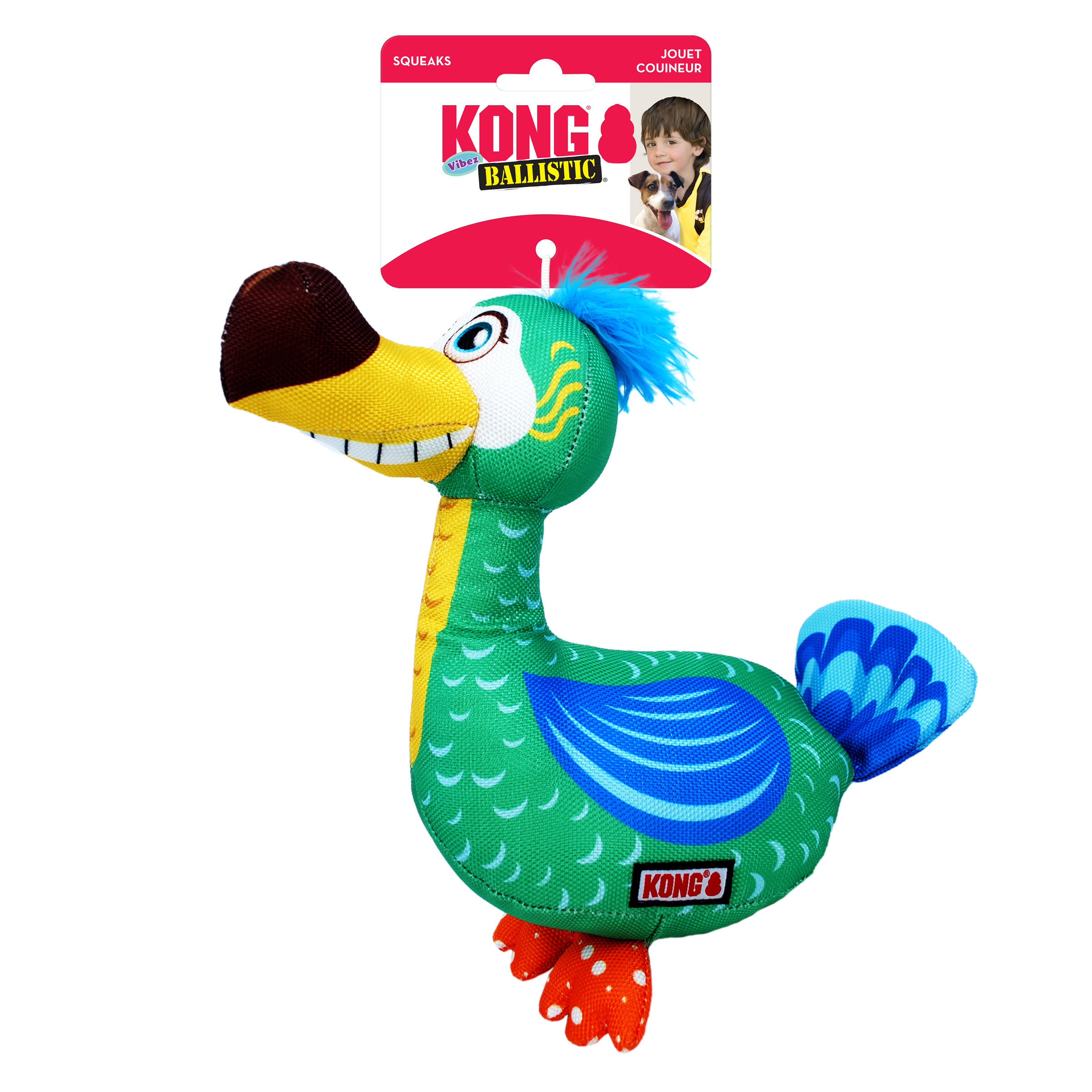 בובת ציפור צבעונית ועמידה של KONG עם צפצפה פנימית למשחק כלבים.