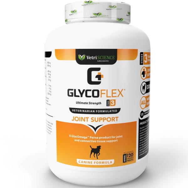 קופסה עם 60 טבליות GlycoFlex 3 – תוסף מפרקים לכלבים מבוגרים ופעילים, מעשיר בגלוקוזאמין, MSM, כרישית ירוקה ונוגדי חמצון.