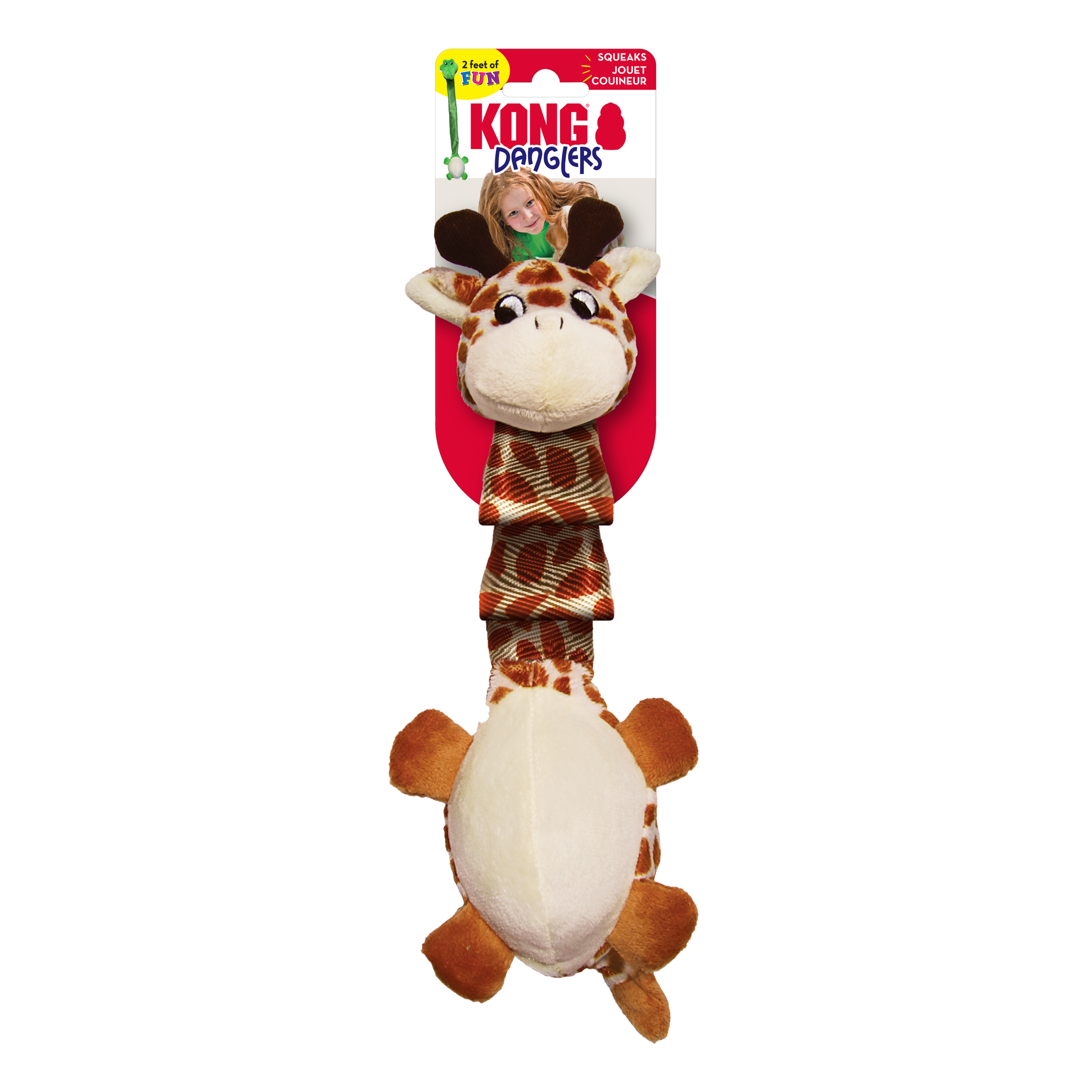בובת גירפה רכה עם מרקמים שונים וחבל פנימי של KONG למשחק כלבים.