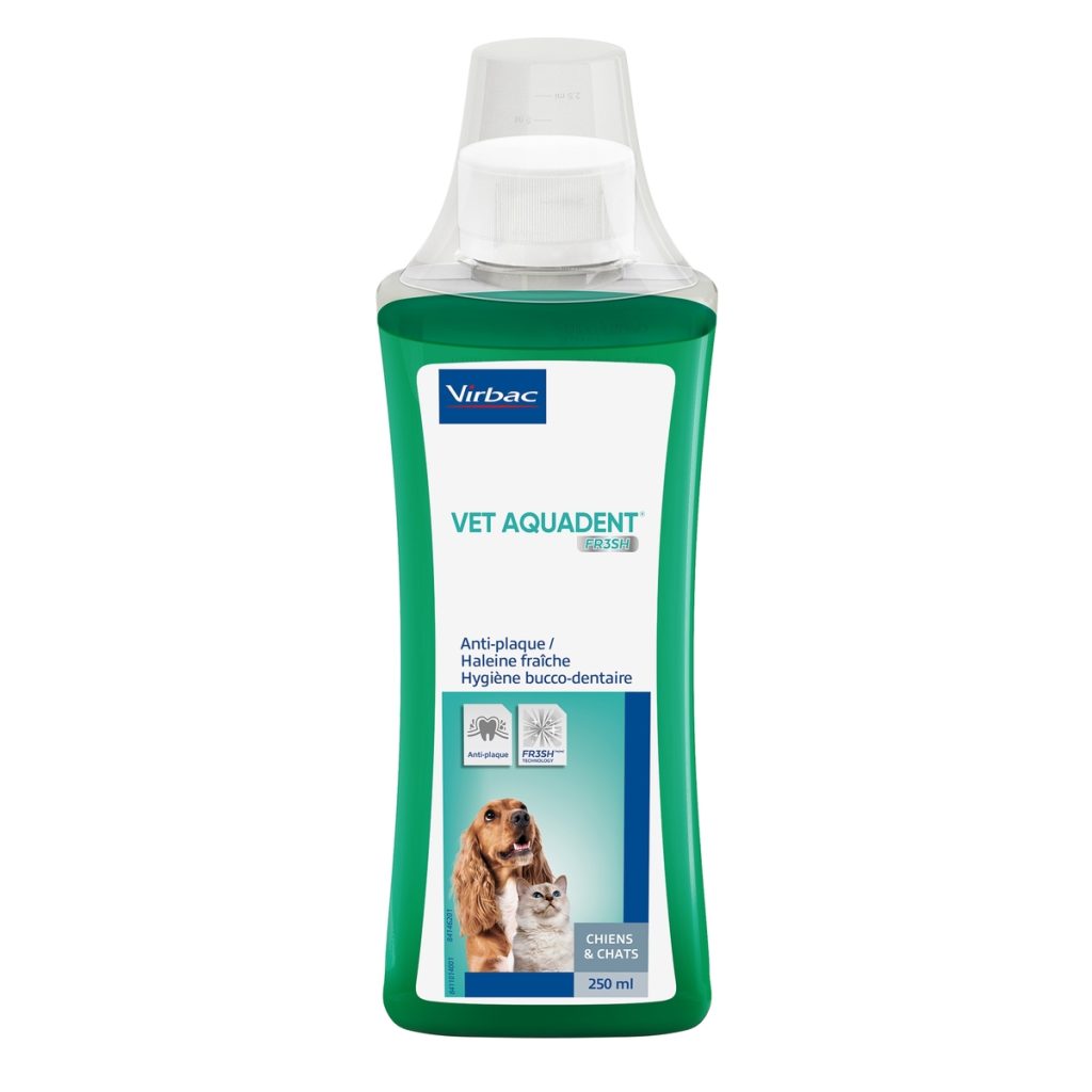בקבוק Aquadent FR3SH 500 מ"ל מבית Virbac להוספה למי שתייה – תוסף לשיניים וכלי נשימה נקייה אצל כלבים וחתולים.