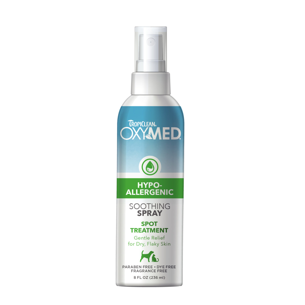 ספריי TropiClean OxyMed היפו־אלרגני 236 מ"ל – מספק הקלה בגירודים, יובש ואי־נוחות בעור לכלבים וחתולים, ללא פרבנים.