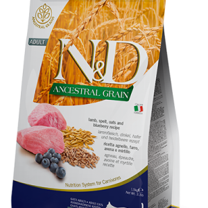 שק מזון יבש לחתולים בוגרים על בסיס כבש, דגנים קדומים ואוכמניות