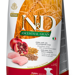 שק מזון יבש לגורי מיני N&D Ancestral Grain בטעם עוף ורימונים.