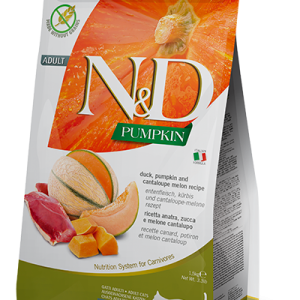 שק מזון יבש לחתולים בוגרים על בסיס ברווז, דלעת ומלון