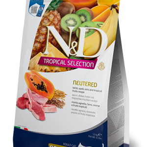 שק מזון יבש לחתולים מסורסים עם כבש, דגנים קדומים ופירות טרופיים, מותאם לשמירה על משקל תקין ובריאות כללית.