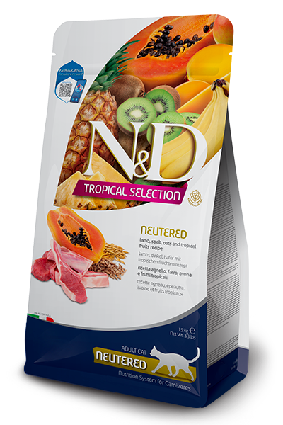 שק מזון יבש לחתולים מסורסים עם כבש, דגנים קדומים ופירות טרופיים, מותאם לשמירה על משקל תקין ובריאות כללית.