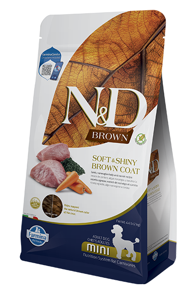 שק מזון לכלבים קטנים N&D Brown בטעם כבש עם אצת נורבגיה וגזר.