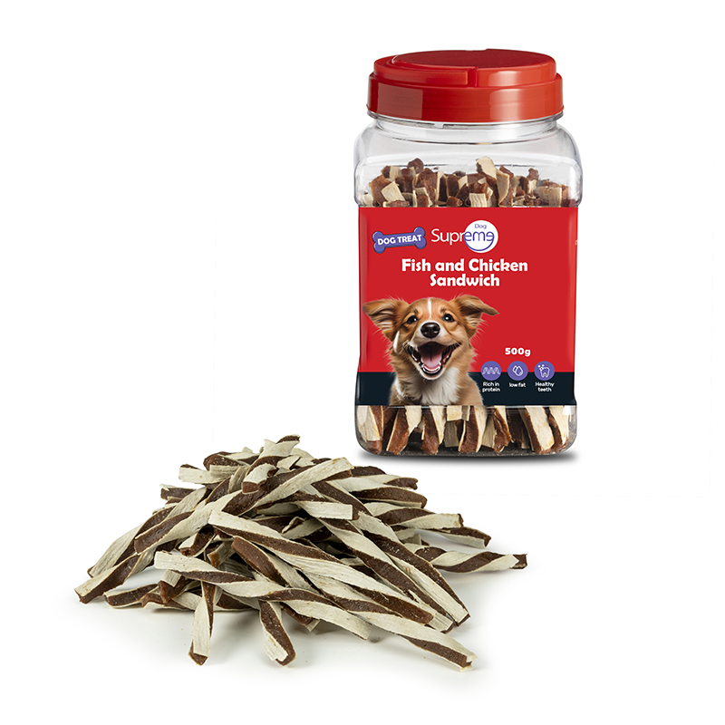 חטיף לכלבים בצורת סנדוויץ' בטעם דג ועוף באריזת 500 גרם