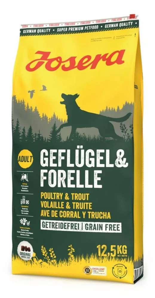 שק מזון יבש לכלבים בוגרים Josera Grain Free – עוף ופורל – 15 ק"ג