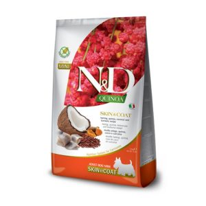 שק מזון יבש לכלבים לתמיכה בעור ופרווה, מבוסס דג הרינג וקינואה.