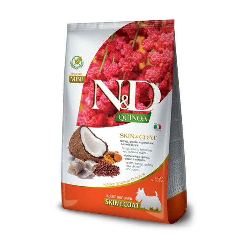 שק מזון יבש לכלבים לתמיכה בעור ופרווה, מבוסס דג הרינג וקינואה.