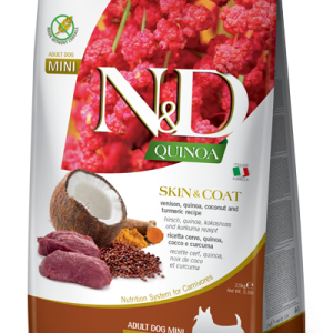 שק מזון יבש N&D Quinoa לכלבים קטנים בטעם צבי וקינואה – Skin & Coat.