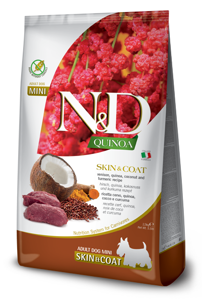 שק מזון יבש N&D Quinoa לכלבים קטנים בטעם צבי וקינואה – Skin & Coat.