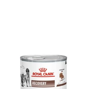 פחית ריקברי לבנה עם לוגו Royal Canin וסמל של חתול וכלב על הרקע