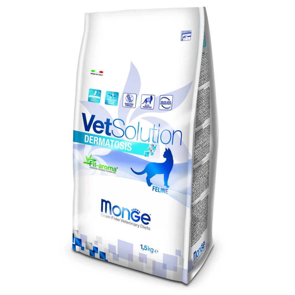 שק מזון דיאטטי יבש לחתולים – VetSolution Dermatosis, סימון תמיכה בעור רגיש על האריזה