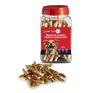 חטיף לעיסה לכלבים טוויסט עור מצופה בבשר עוף באריזת 400 או 900 גרם