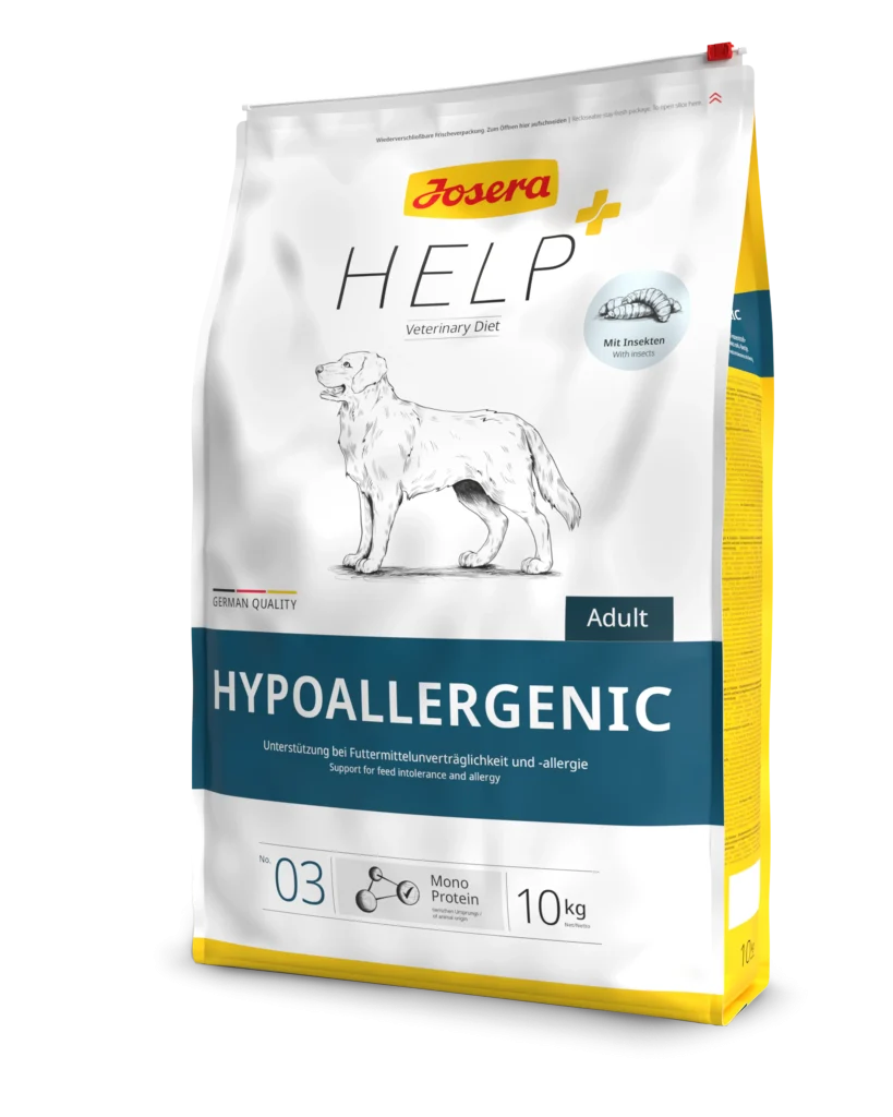 שק מזון רפואי יבש לכלבים – Josera Hypoallergenic Veterinary, סימון תמיכה ברגישויות תזונתיות על האריזה
