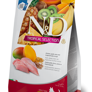 שק מזון יבש לכלבים קטנים עם עוף טרי, דגנים טבעיים ופירות טרופיים לתמיכה בעיכול, בפרווה ובחיזוק מערכת החיסון.