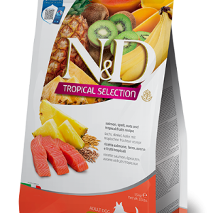 שק מזון יבש לכלבים קטנים עם סלמון טרי, דגנים עתיקים ופירות טרופיים לתמיכה בעור, פרווה ועיכול תקין.