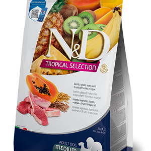 שק מזון יבש לכלבים בוגרים מגזע בינוני עם בשר כבש טרי, דגנים טבעיים ופירות טרופיים לעיכול רגיש ובריאות כללית.