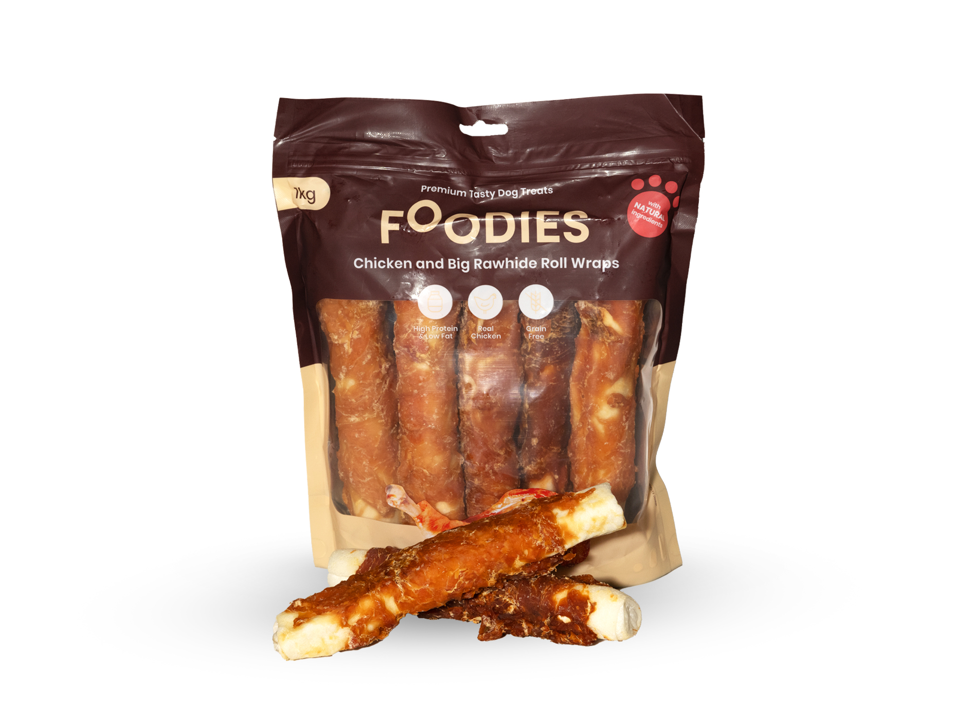 שק חטיפי לעיסה טבעיים לכלבים עם גלילות עוף או ברווז, לעיסה ממושכת ולשמירה על שיניים נקיות ובריאות.