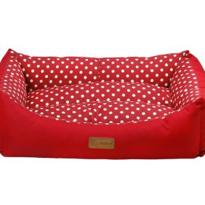 מיטת כלבים מלבנית אדומה עם נקודות, דגם עמיד למים מבית Dubex.