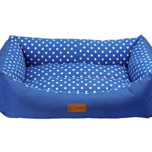 מיטת כלבים כחולה עם נקודות, מלבנית ועמידה למים בגודל L.