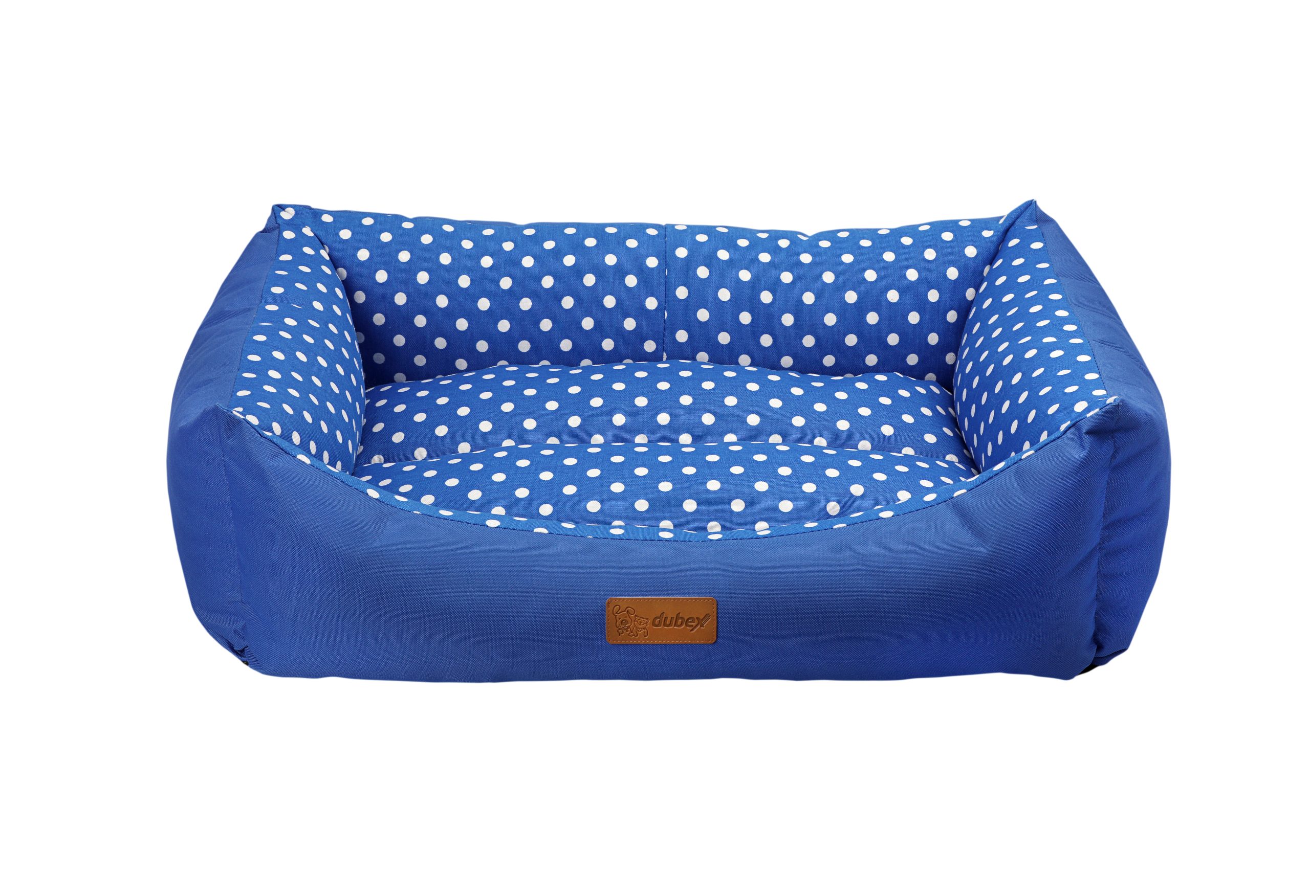 מיטת כלבים כחולה עם נקודות, מלבנית ועמידה למים בגודל L.