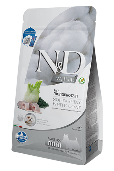 שק מזון לכלבים קטנים N&D White עם דג לברק, אצת נורבגיה ושומר.