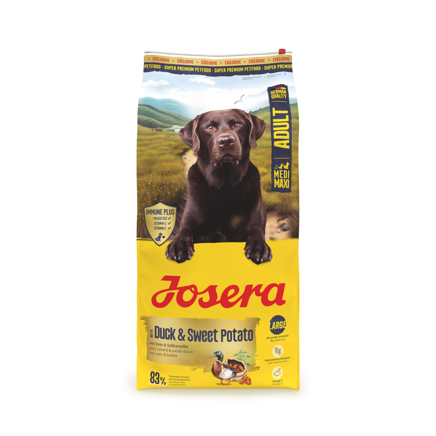 שק מזון יבש לכלבים בוגרים מגזע בינוני וגדול עם ברווז ובטטה