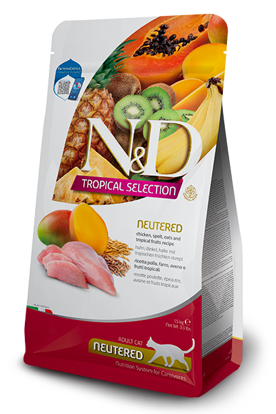 שק מזון יבש לחתולים מסורסים עם עוף, דגנים קדומים ופירות טרופיים, מותאם לשמירה על משקל תקין ובריאות כללית.