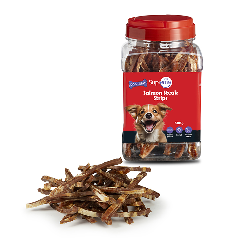 חטיף לכלבים רצועות סטייק סלמון באריזת 500 גרם