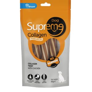 חטיף לעיסה בצורת טוויסט לכלבים המבוסס קולגן לחיזוק מפרקים ושמירה על שיניים